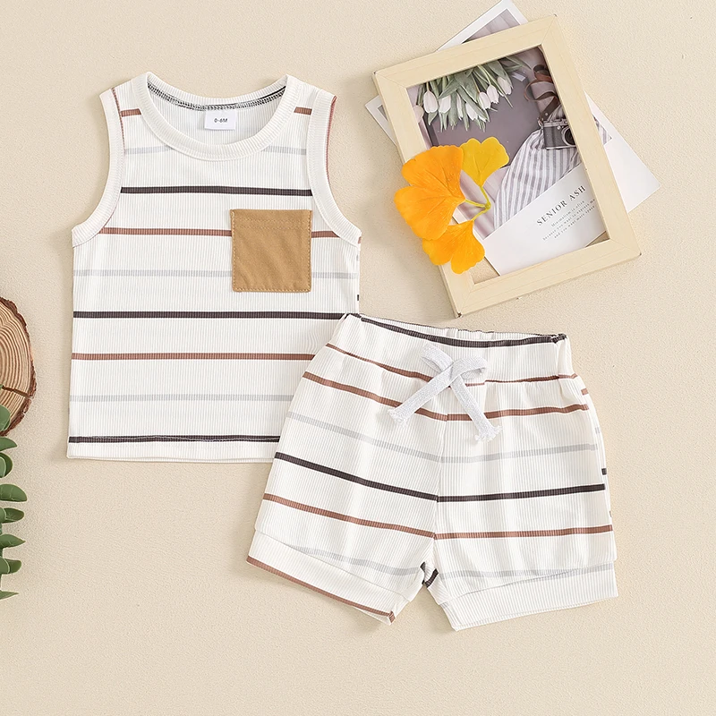 Babyhug Interlock Knit Sleeveless Striped Tank T-Shirt & Shorts Set - Light Blue