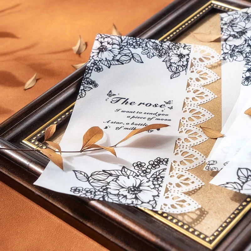 10Pcs Per Pack Paper Hollow Flower Lace Black Scrapbooking Material Retro Stationery Diary Sticky Paper 102*200mm 4
