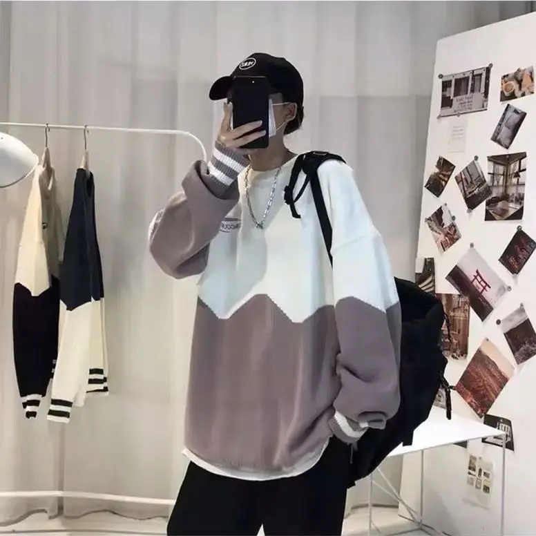Fashion Solid Autumn Winter Loose Long Sleeve T-shirt Men Pullover Soft Solid Patchwork Two Color Milk Print Sweater Warm