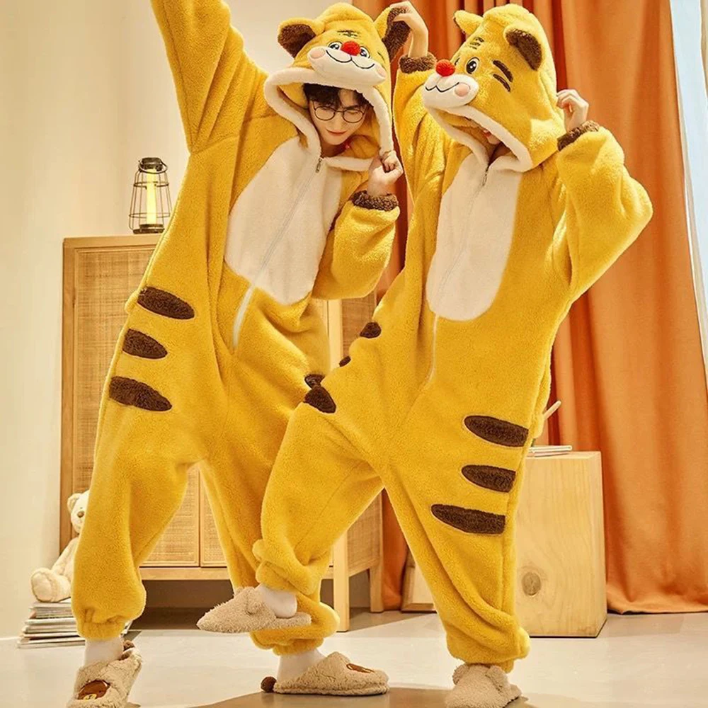 Cute Flannel Tiger Pajamas Winter Plus Velvet Warm Onesie Women's Sleepwear Unisex Loose Thick Plush Hooded Jumpsuits Homewear
