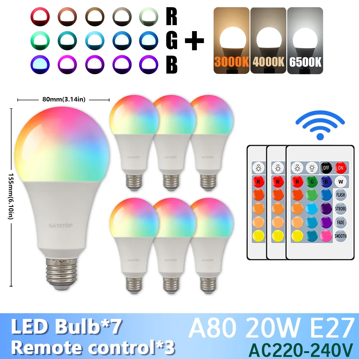 ตัวเลือกสินค้า หลอดไฟ LED ปรับสีได้ 24 คีย์ 20W 16 สี