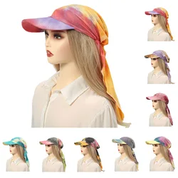 Summer Women Wide Brim Cap Sun Visor with Pre-Tied Turban Caps Head Scarf Windproof Bandana Print Colorful Outdoor Beach Sun Hat