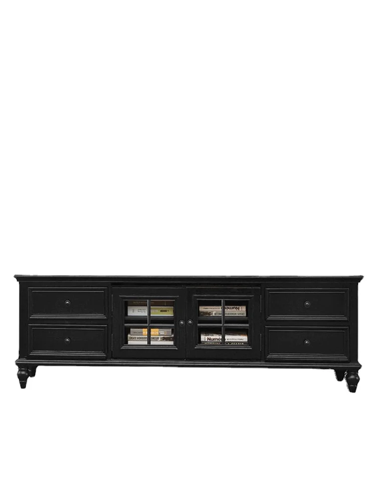 

zqAmerican TV Cabinet Solid Wood Tea Table Combination Living Room Storage Cabinet Locker Black Furniture