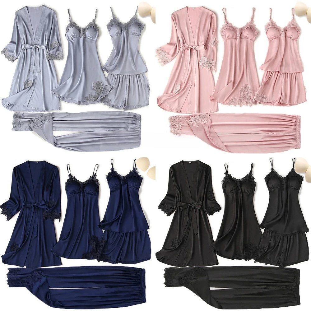 Women Lace Trim Satin Sleepwear Sexy Pyjamas Elegant Pajama Set Summer Nightwear with Pants Casual Home Wear Kimono Robe Gown