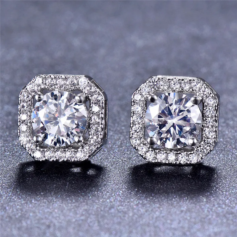 Crystal White Zircon Stud Earrings Small Round Vintage Wedding Jewelry For Women