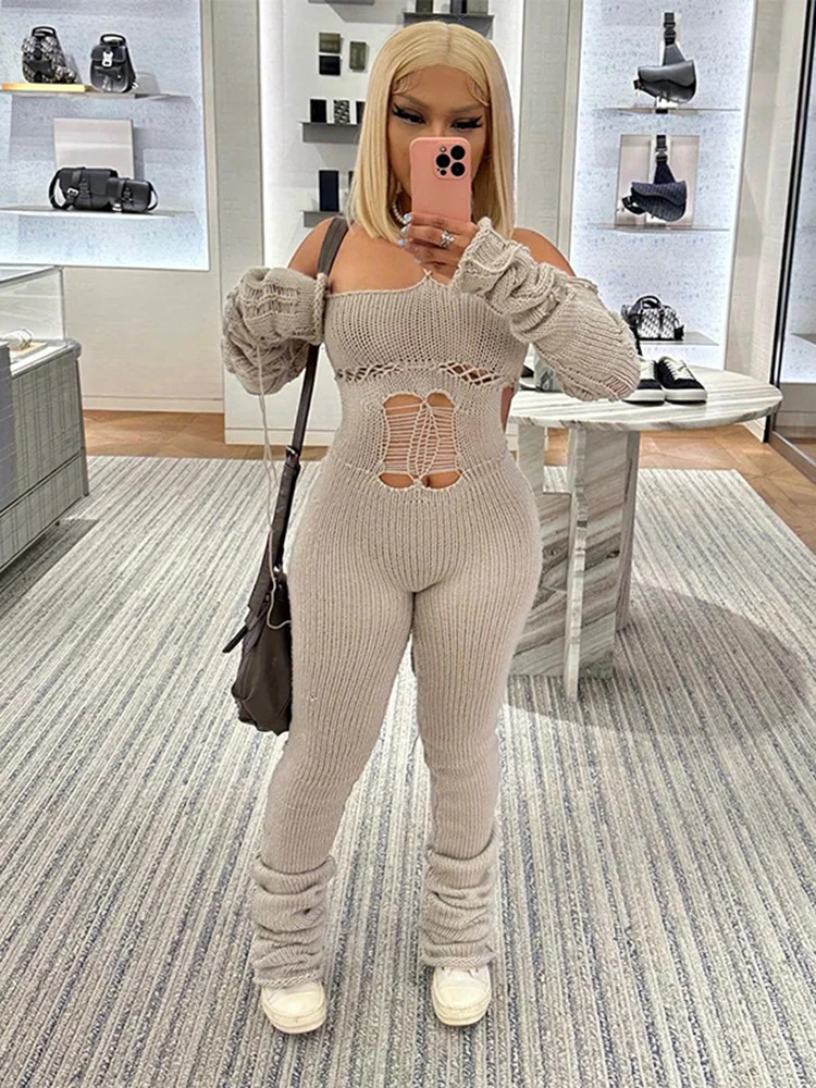 Sibybo Lady Knitted Jumpsuit Fashion Woolen Halter Neck Tie Hollow Pile Trousers Sexy Backless Slim Fit Trousers Autumn Clothes