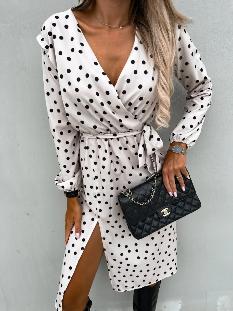 

Women's Clothing Fashion Casual and Comfortable Polka Dot Print Long Sleeved V-neck with Belt and Slit Dress Long Style