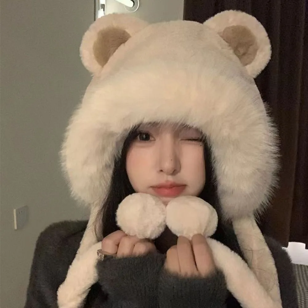 Cute Warm Winter Hat Lacing Woolen Bear Ears Hat Velvet Ear Protection Bucket Hat Women