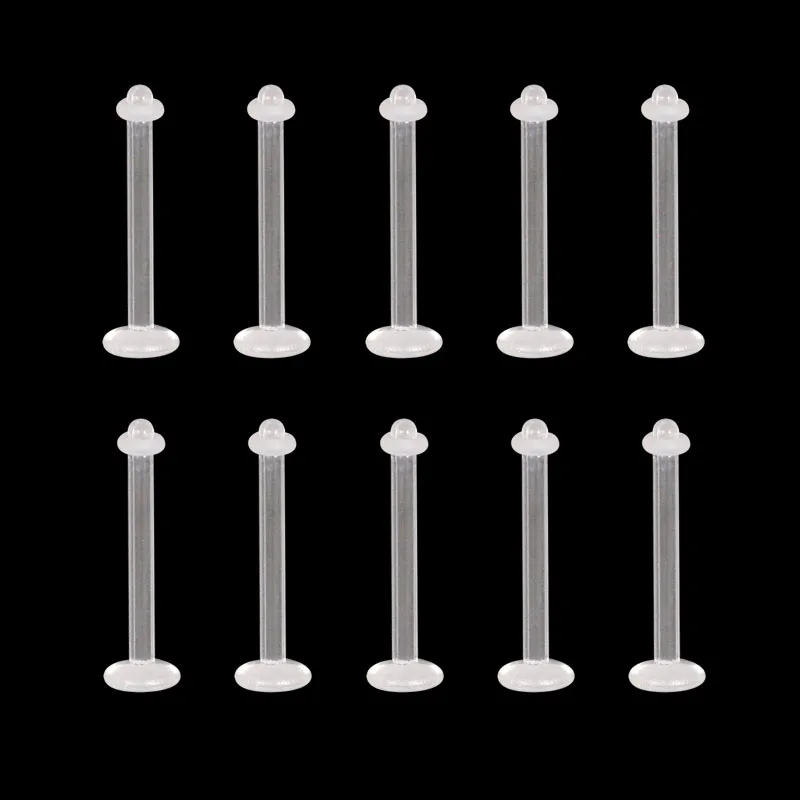 10PCS 도매 보이지 않는 혀 반지 피어싱 바 아크릴 플라스틱 실리콘 안티 알레르기 펑크 쥬얼리 1.6mm 14-16mm 남자
