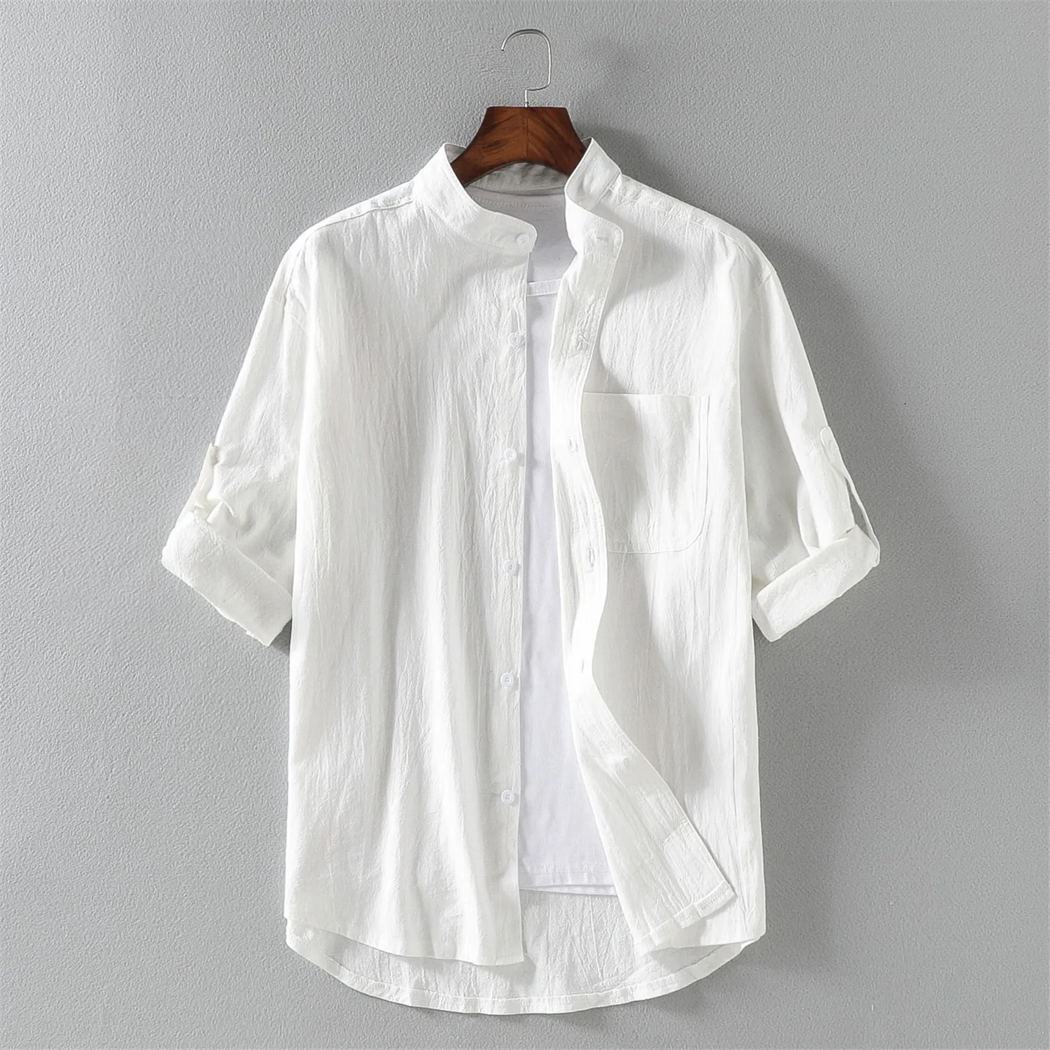 

2023 summer stand up collar cotton linen mid-sleeve shirt trend men's linen loose seven-quarter sleeves solid color shirt men