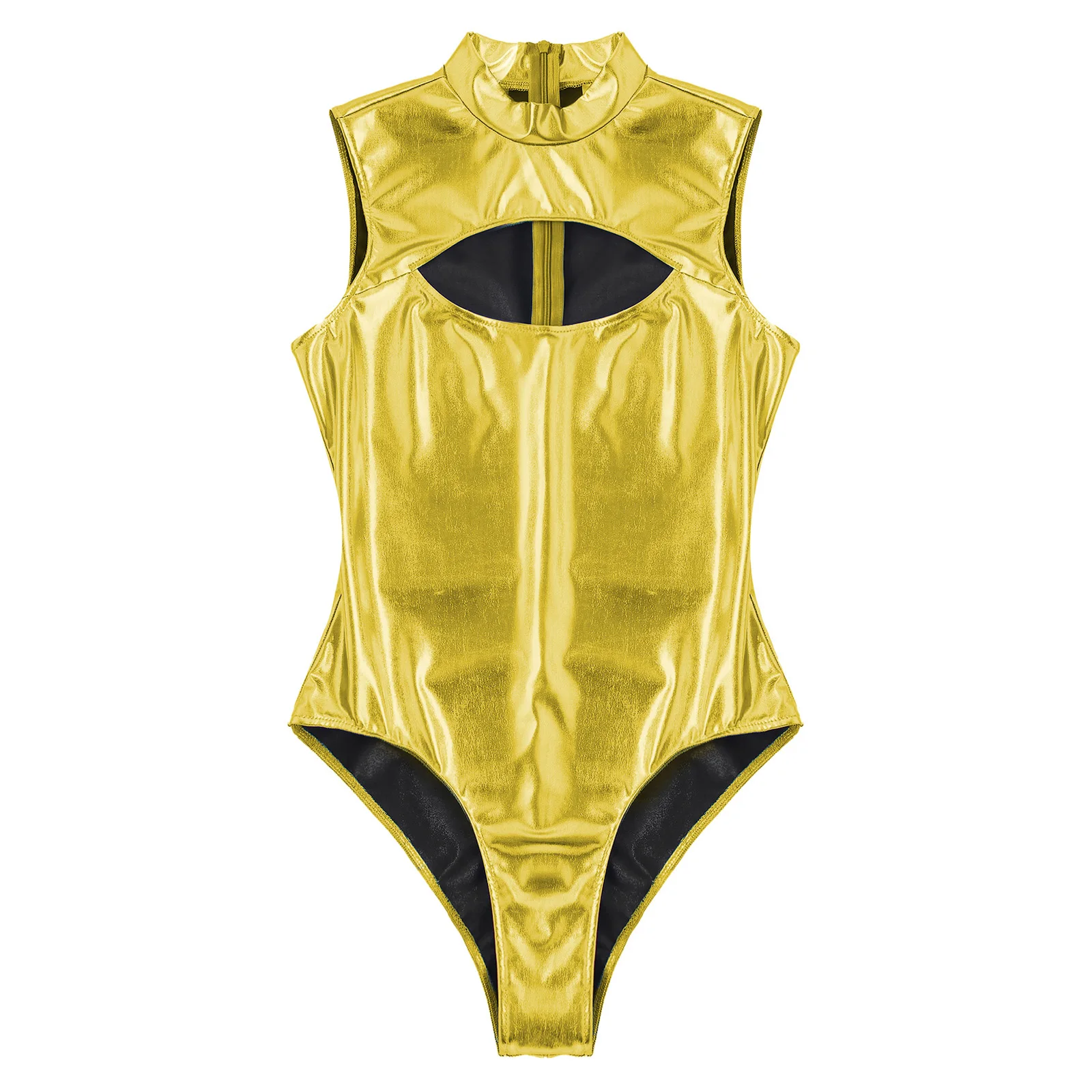 Mens Metallic Bodysuit Front Cutout Mock Neck Sleeveless Zipper Leotard Jumpsuit for Man Bar Clubbing Pool Party Clubwear