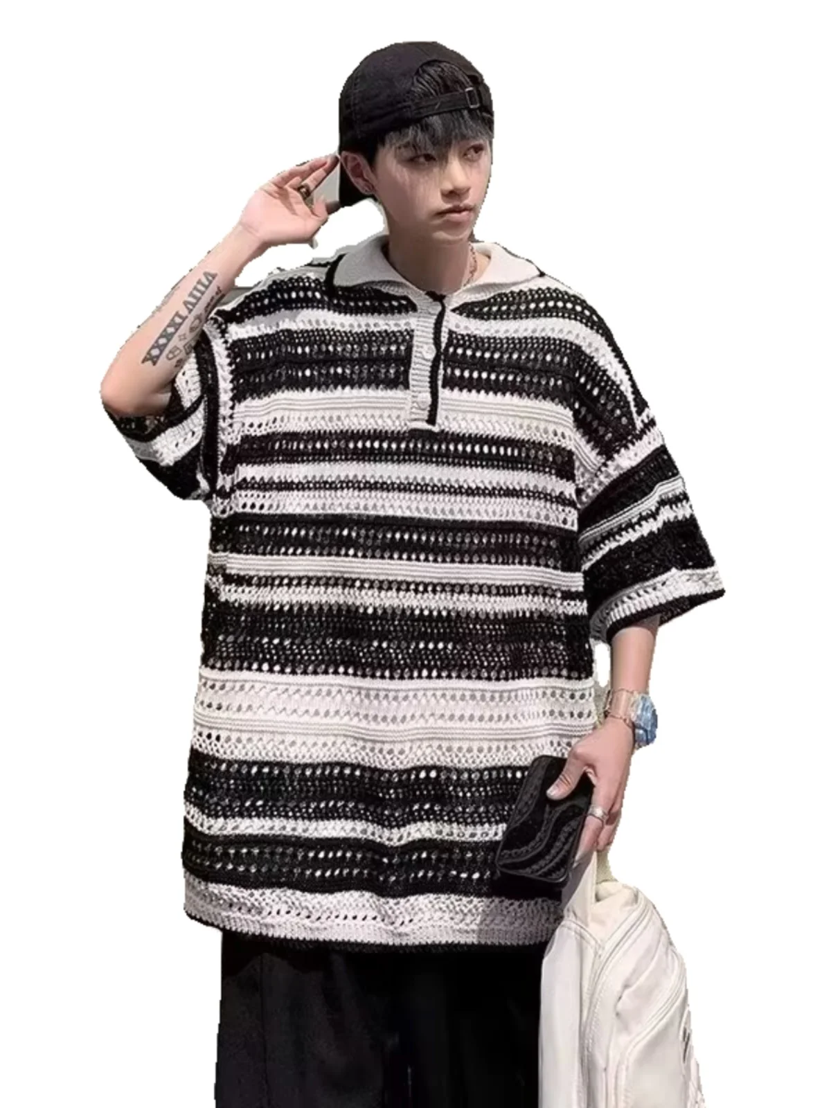 

Мужская трикотажная рубашка-поло с коротким рукавом, в полоску