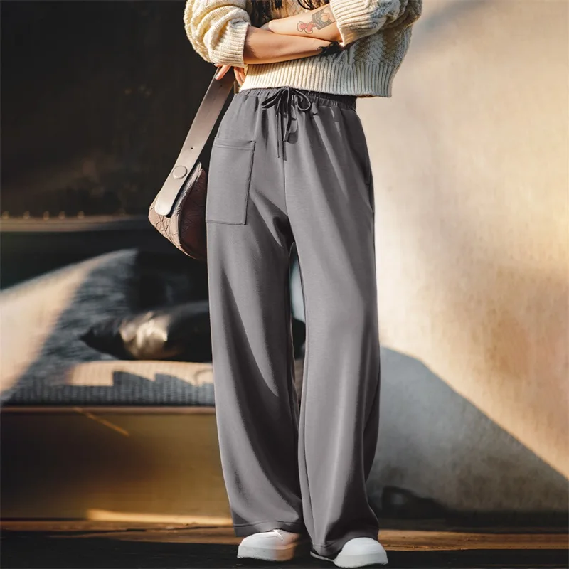 Maden 여성용 스트레이트 드로스트링 신축성 허리 스웻팬츠 와이드 레그 팬츠, 큰 주머니, 편안하고 통기성 있는 루즈 팬츠..