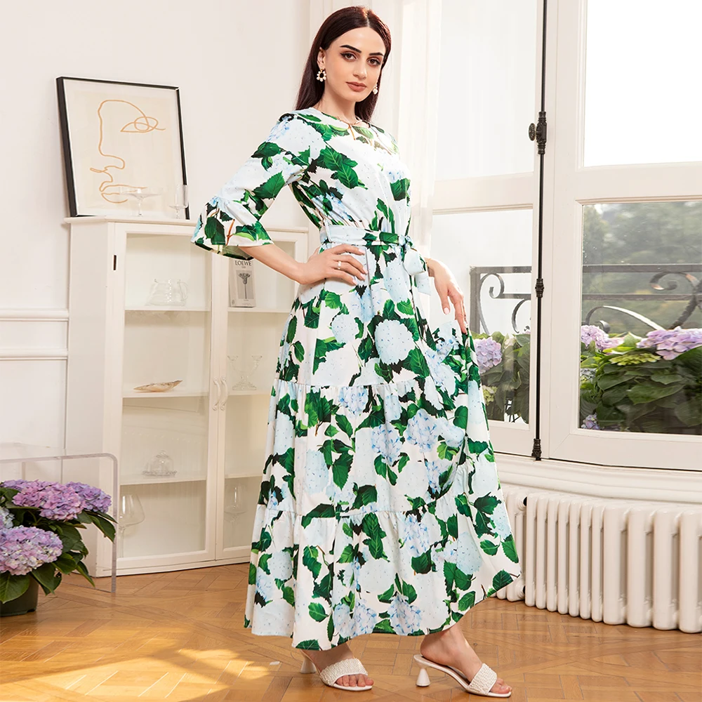 Elegant style Round neck Flowers Plant Belt Ruffle Lantern sleeve Long Dresses