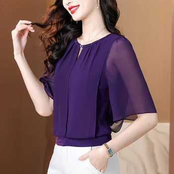Summer Clothing Half Sleeve Chiffon Blouse 2025 New Fashion Loose Women Tops Solid Color Casual Pullovers Shirt 1