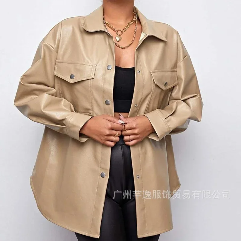 2024 Autumn PU Leather Turn Down Collar Long Blouses Women Fashion Casual Tie Belt Loose Shirts Women Elegant Solid Tops Ladies
