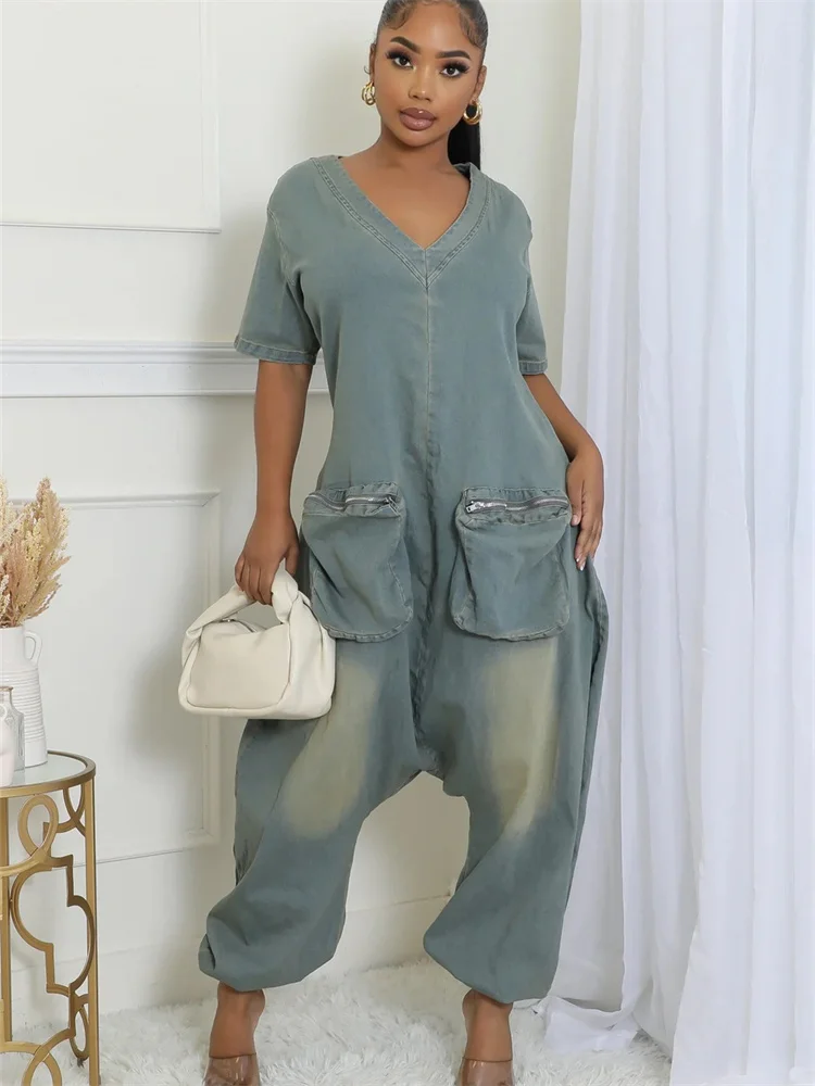 Wmstar Denim Jumpsuit Women Clothing Romper Sexy Casual New in Summer Fashion Pockets Zipper Back Pants Wholesale Dropshipping