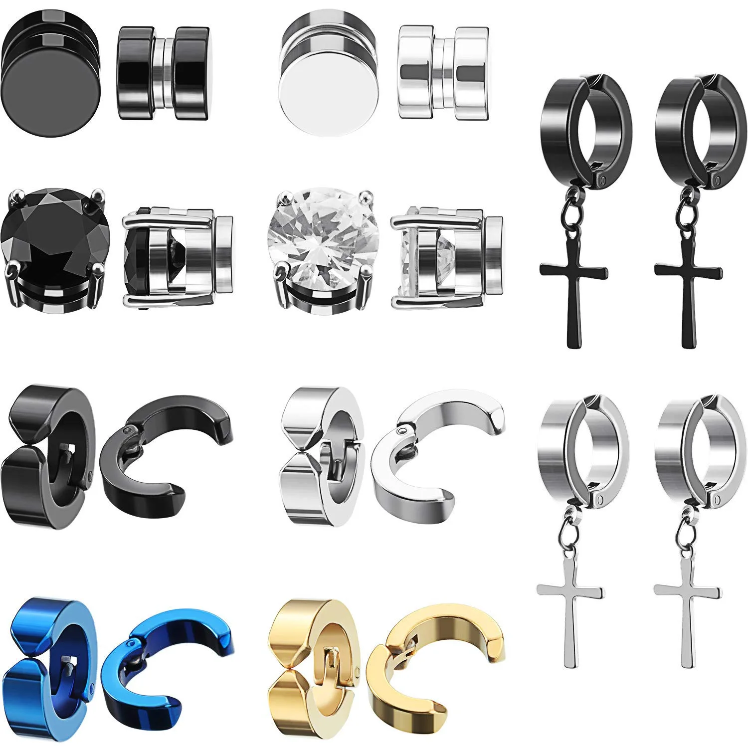 6/8/10 Pairs Punk Mens Magnet Magnetic Ear Stud Set Non Piercing Earrings Fake Cross Earrings Gift for Boyfriend Lover Jewelry