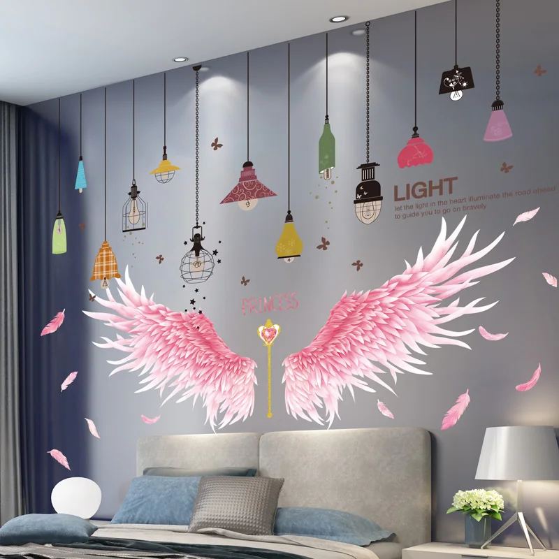 

Pink Feathers Wings Wall Stickers DIY Bulbs Chandelier Lights Mural Decals for Kids Rooms Dormitory Kindergarten Home Decoration