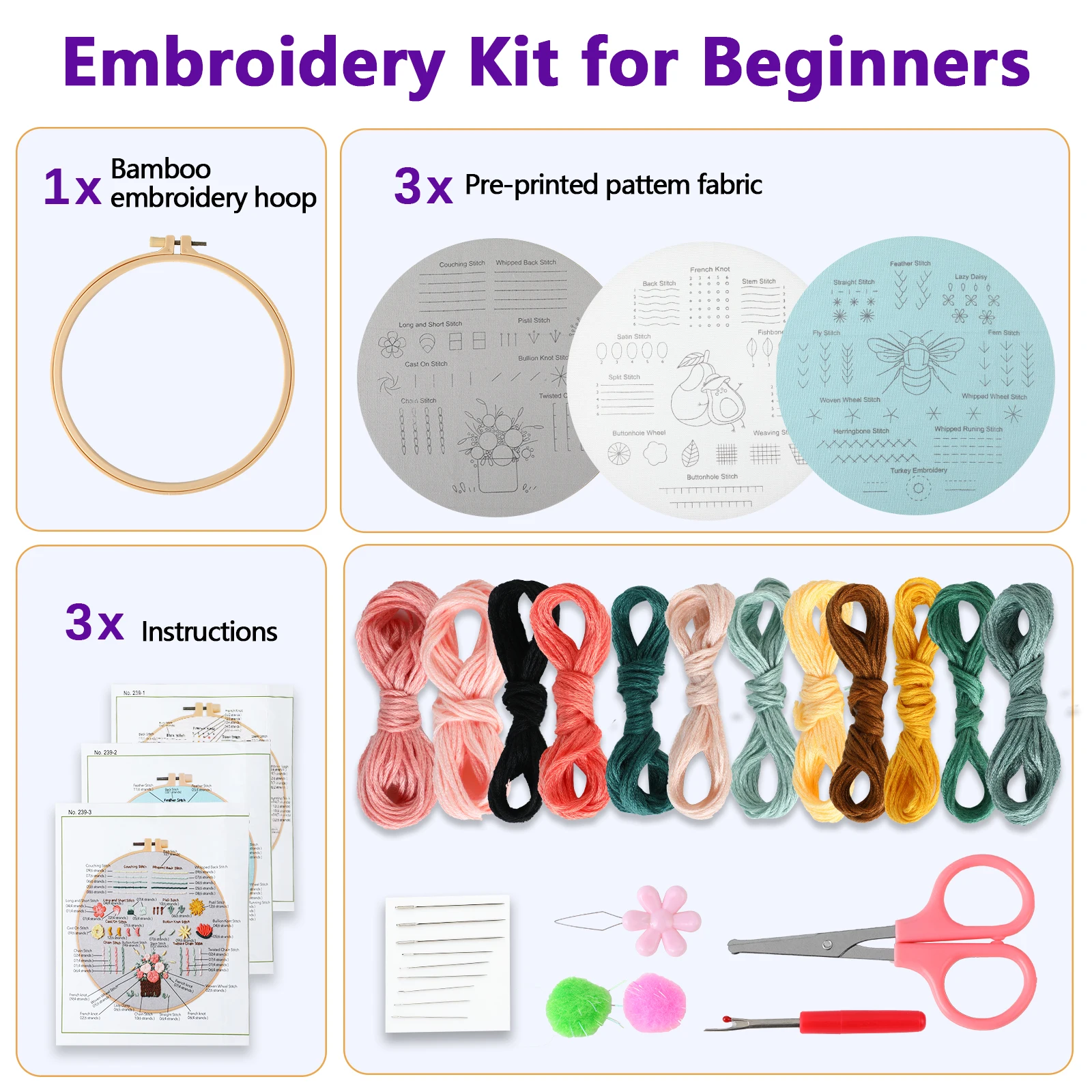 Embroidery Kit DIY Cross Stitch Kits For Adults Beginner Hand Stitch Embroidery Skill Techniques Needlework Hoop