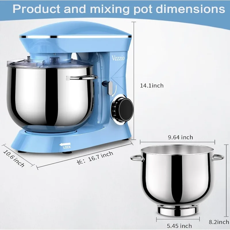 9.5 Qt Stand Mixer, 10-Speed Tilt-Head Food Mixer, Vezzio 660W Kitchen Electric Mixer with Stainless Steel Bowl, Blue 3
