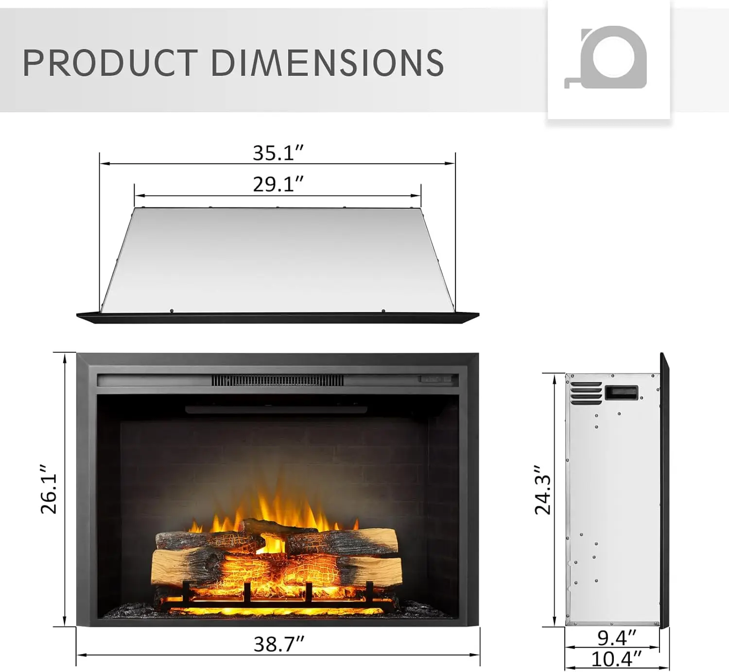 Carl 39" W Electric Fireplace Insert (EF265) Fireplace Heater 750/1500W Fire Crackling Sound Remote Control 3