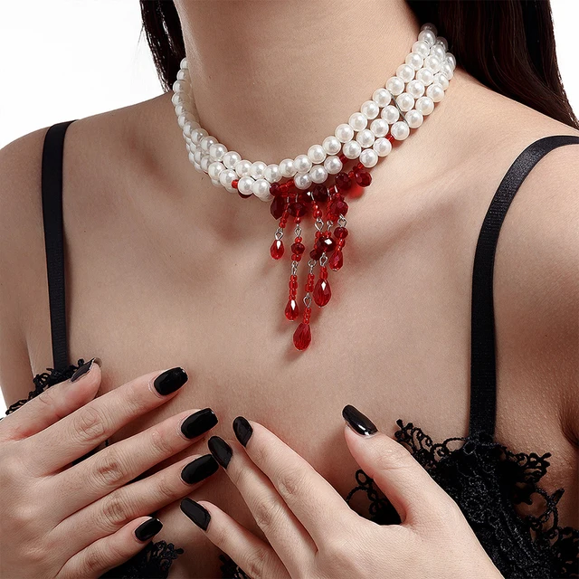 Collier gothique à franges en forme de goutte de sang, multicouche, ras du cou en perles de sang, pour femmes, bijoux fantaisie, cadeaux