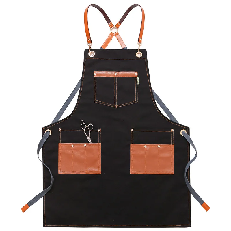 Apron Denim PU Leather Panel Contrast Multi Pocket Work Suit Barber Bakery Western Meal Waiter