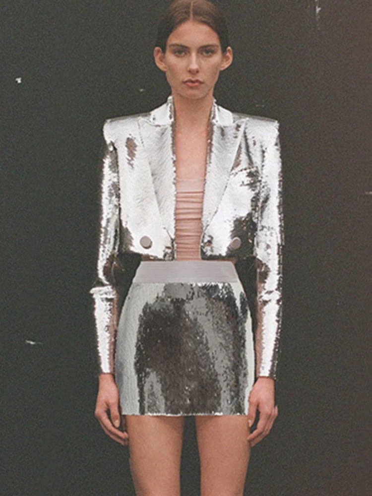 

Sexy Luxury Sequins Blazer+Skirt Two-Piece Set Elegant Silver Shiny Sequin Short Jacket+High Waist Mini Bust Party Suits Club