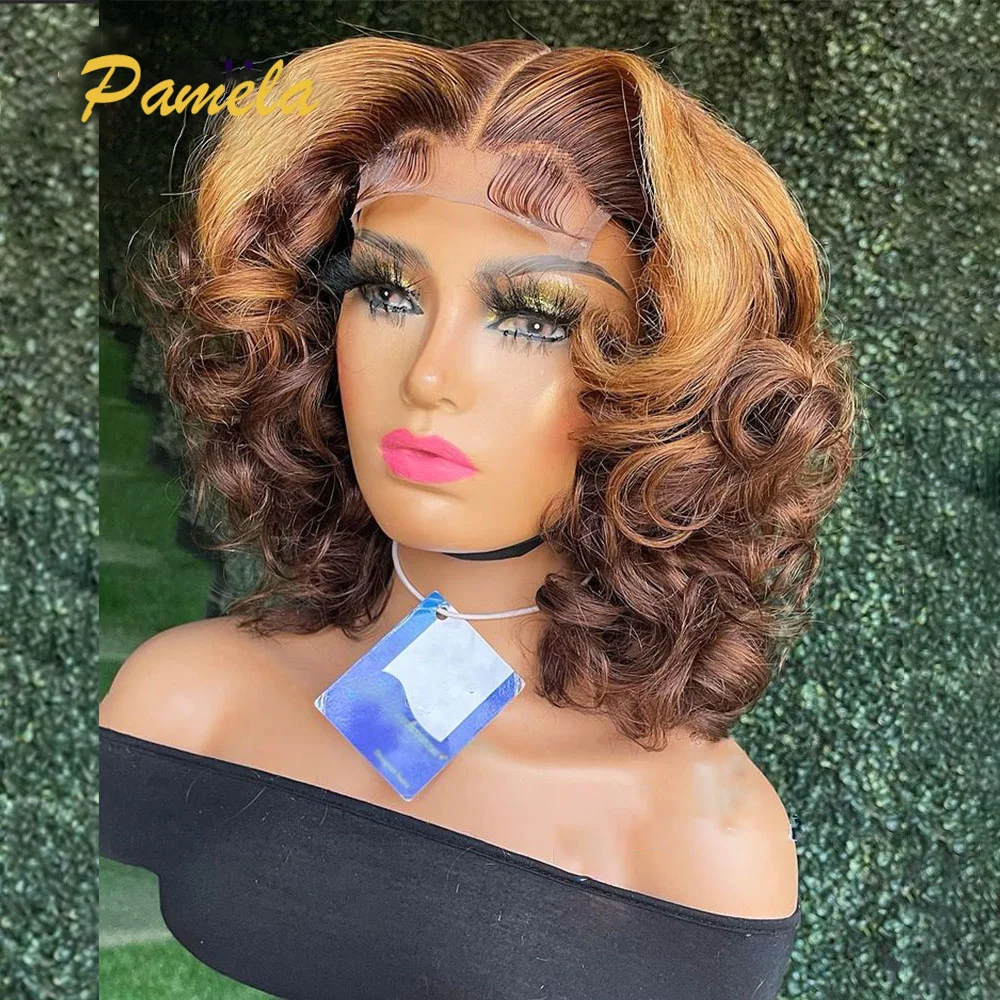 13x4 Ombre Blonde Short Bob Lace Front Human Hair Wigs Brazilian Princess Hair Loose Deep Wave Transparent Lace Frontal Wigs