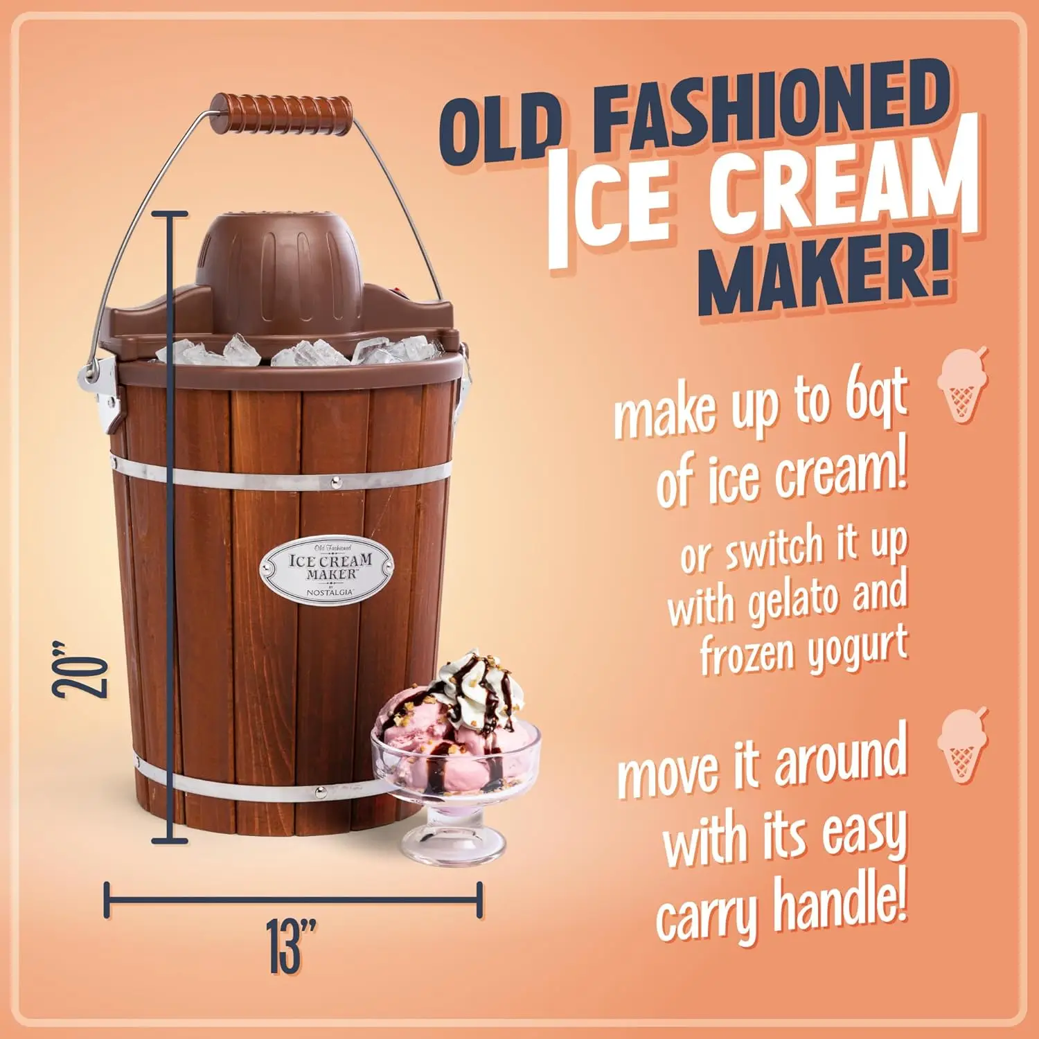 6 Quart Nostalgia Electric Ice Cream Maker ,Fun Kitchen Appliance - Vintage Wooden Style, Dark Wood 2