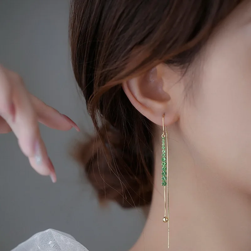 Dangle Earrings Luxury Green Zircon Long Tassel For Women Korean Fashion Shiny Butterfly Temperament