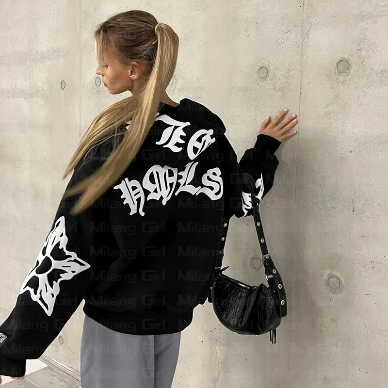 Zip Hoodie Snowflake Letter Print Goth Punk Sweatshirt Women Hoodies Sport Coat Pullover Long Sleeve Oversized Hoodie Y2k Jacket