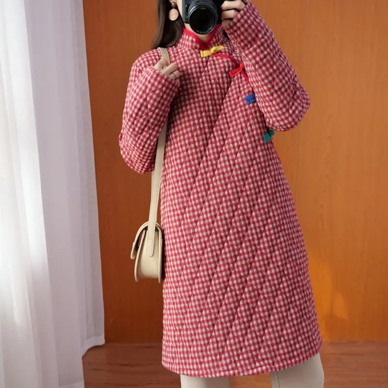 

Chinese Style Cheongsam Cotton Dress Autumn and Winter New Large Size Thin Plate Button Cotton Checkered Cheongsam Women
