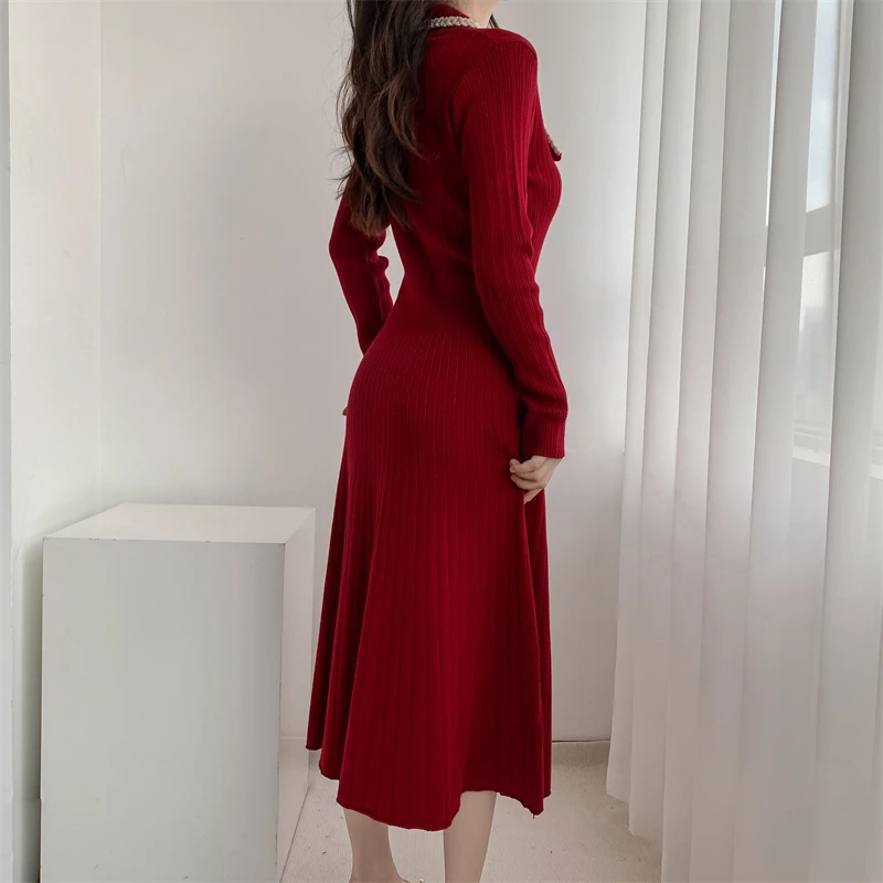 Vestidos de punto de otoño e invierno para mujer, cuello vuelto, moda coreana, corte en A, vestido liso informal, vestidos ajustados para mujer, nuevo