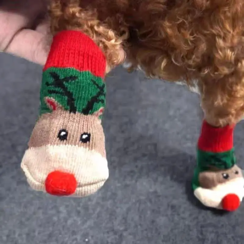 4pcs Christmas Winter Dog Socks Pet Paw Protector