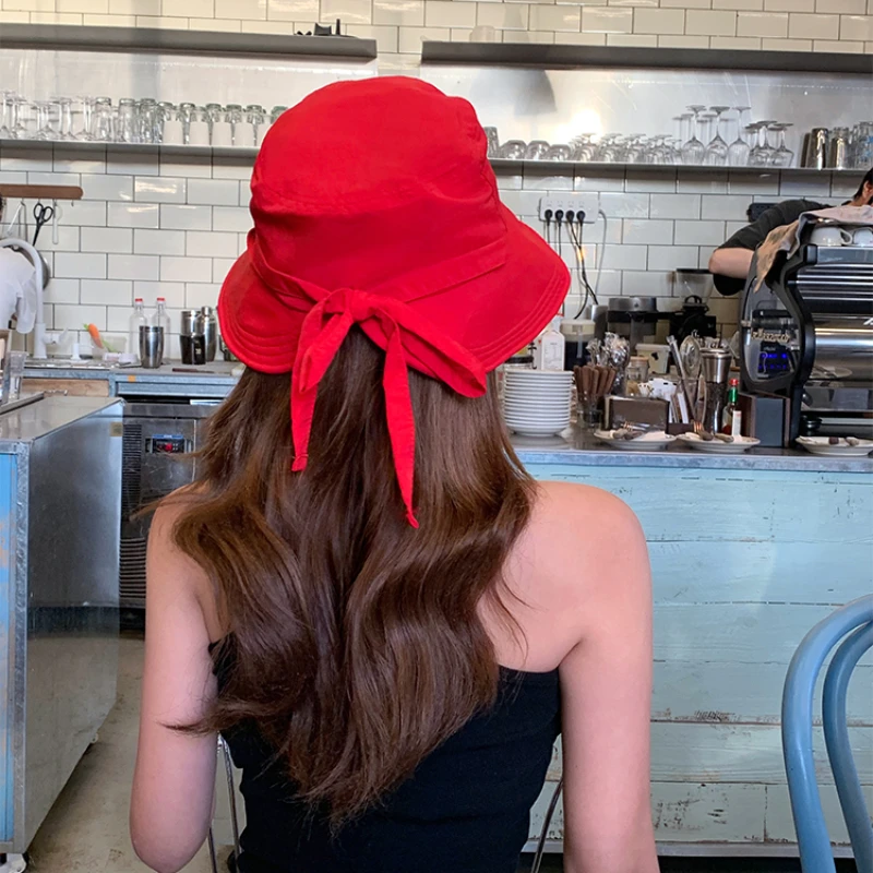 Korean Retro Red Strap Bucket Hats 2024 New Summer Travel