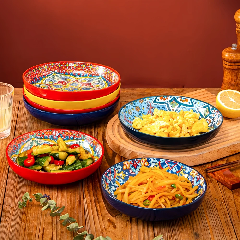 Fruit Plate Ceramic Dish Bohemian Ceramic Plate Home Creative Western Food Plate Fruit High-rimmed Round High-value Oven Microwave Applicable