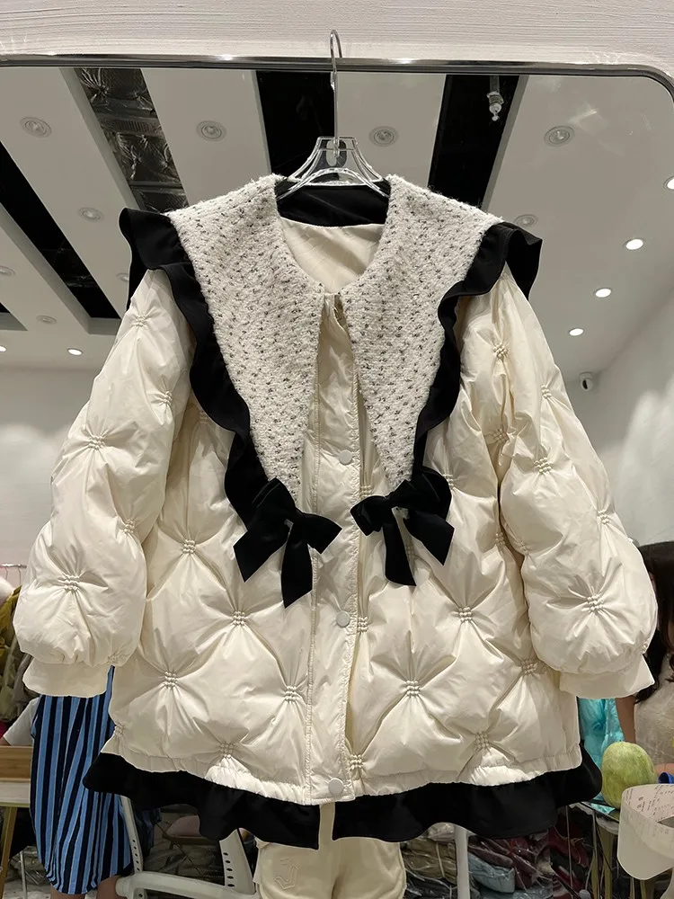 

Winter Long Down Jacket Women Sailor Collar Sweet Bow 90% White Duck Down Jacket Zipper Ladies Loose Snow Puffer Coat