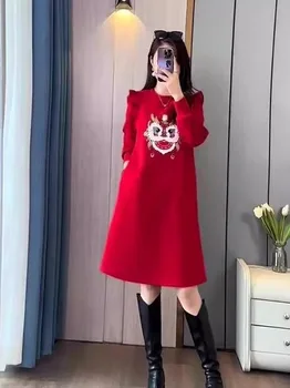 plus Size Autumn Winter Knitted Sweater Dr Patchwork Slimming Red Cartoon Luy Year High Waist A-Line Skirt for plus Size...
