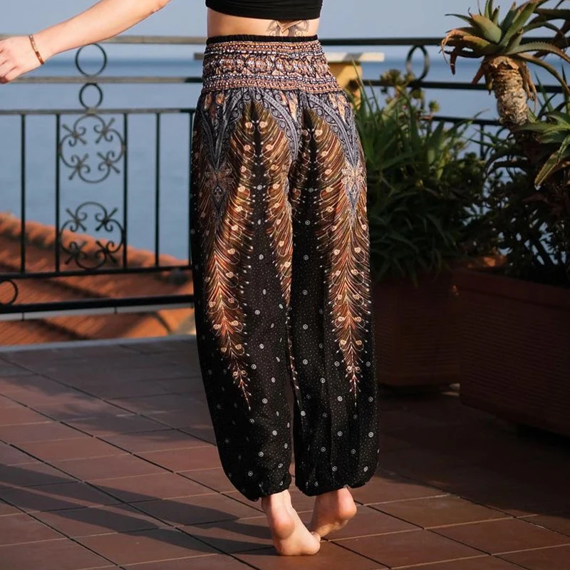 Women Hippie Pants Boho Loose Yoga Pants Rayon Pocket Female Beach Clothing Daily Harem Baggy Jogging Outdoor High Waist Printed sports pants,yoga pants,women wide leg pants,women harem pants