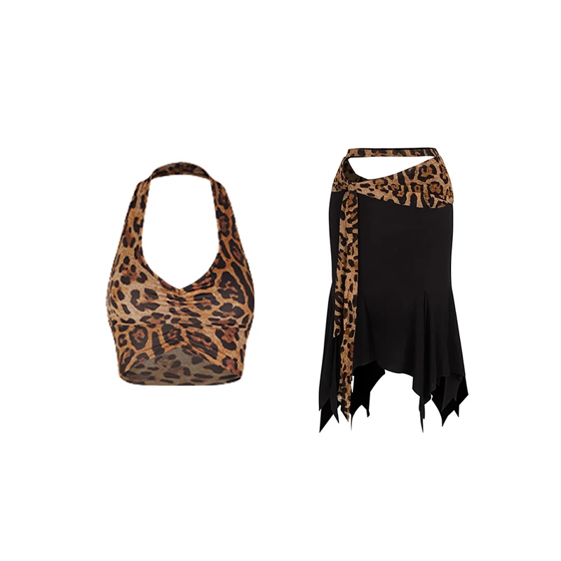 2025 Girls Latin Dance Costume Leopard Tops Irregular Skirt