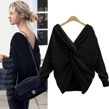 Women Autumn Winter V-neck Sweater Sexy Backless Reversible Pullovers Tops New Fashion Solid Irregular Cross-knotting Knitwear