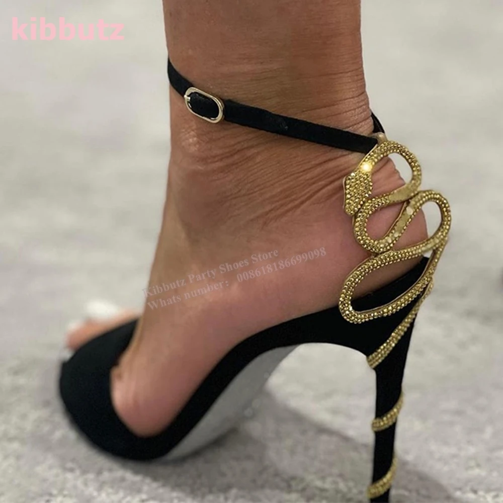 

Snake Twisted Rhinestone Sandal Thin Heels Black One Buckle Strap Open Toe Suede Fashion Elegant Sexy Concise Women Shoes Newest