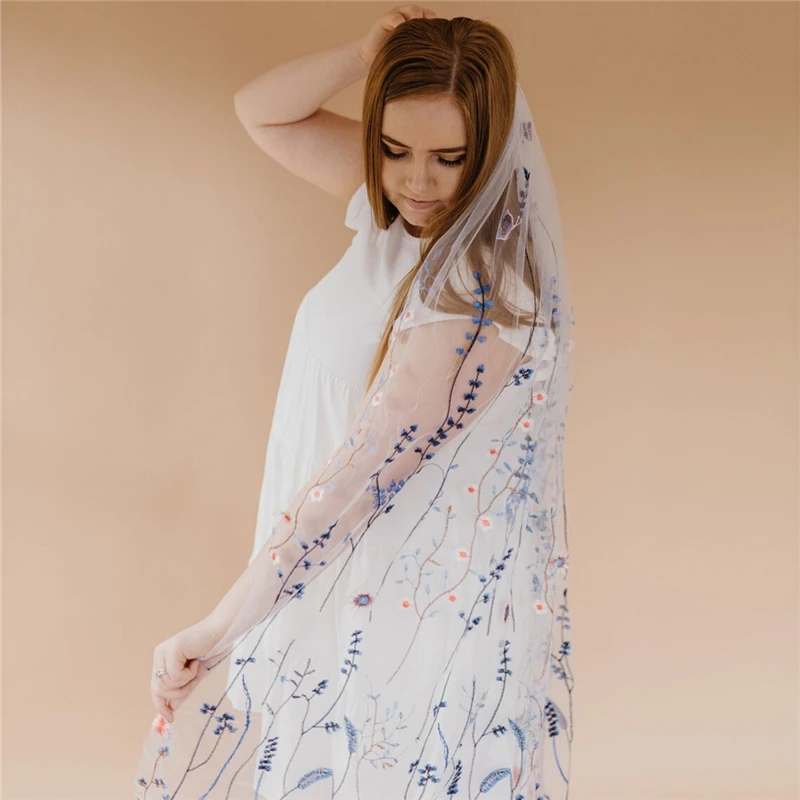 Blue Red Bridal Wedding Veils Floral with Comb Wild Flowers Lace Secret Garden for Brides Colorful Fingertip