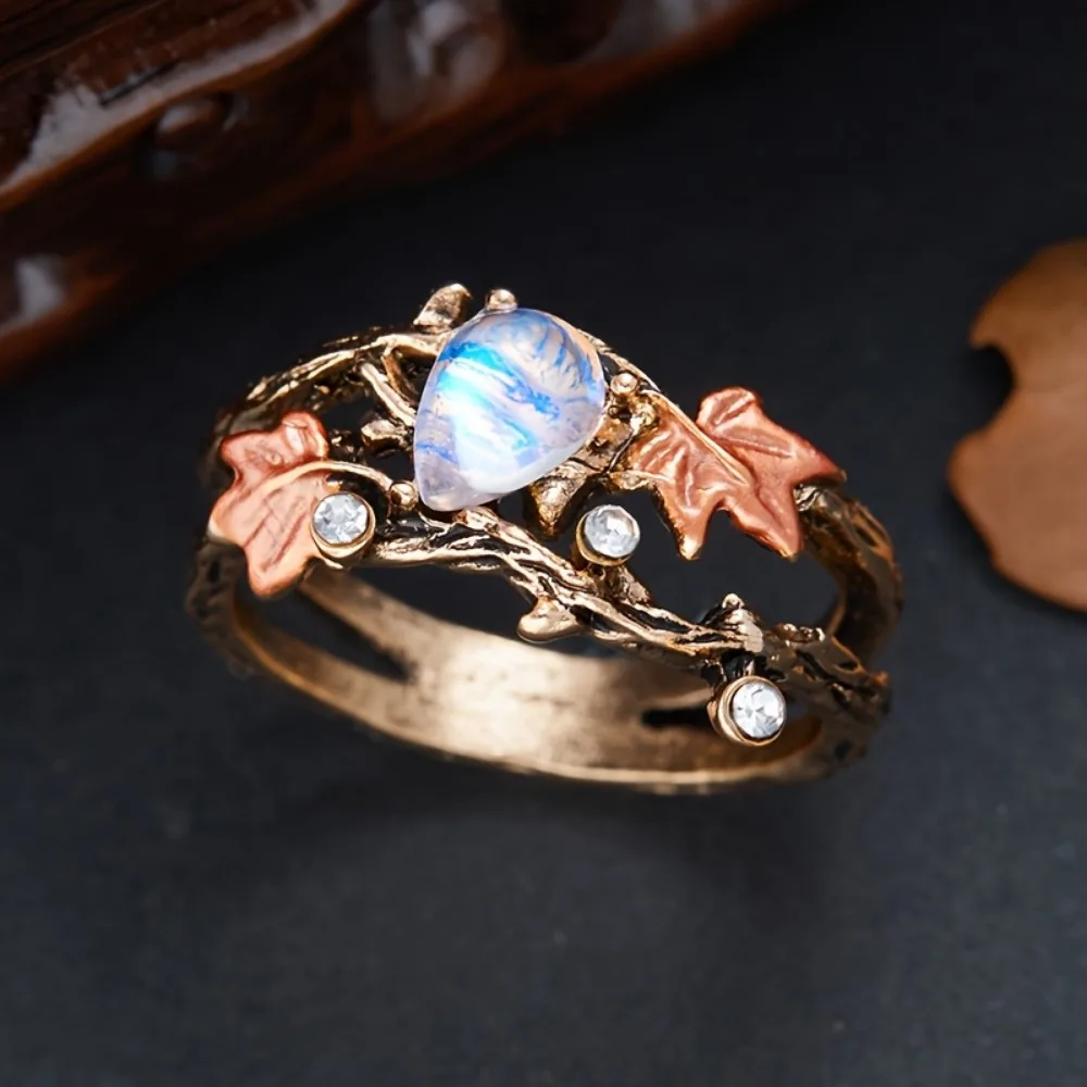 Vintage Maple Leaf Moonstone Ring - Bohemian Style Alloy, Adjustable Size for Daily Wear or Party Gift 4