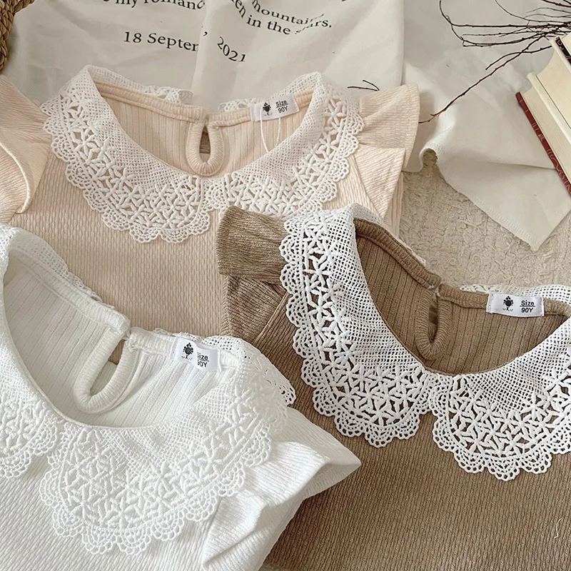 XTY-INSSpring and Autumn Baby Girl Baby Ruffled Cotton Lace Collar Sunken Stripe Solid Color Bottoming Shirt Flounced Sleeve Dol