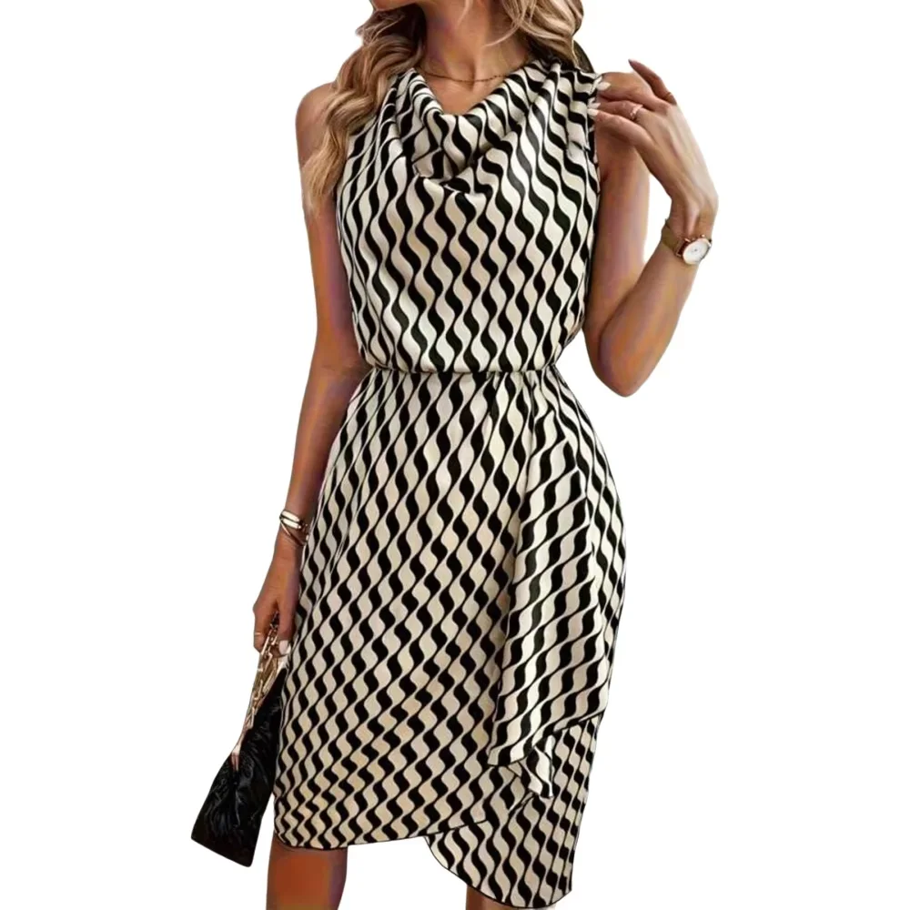 Women Sleeveless Midi Dress Wavy Stripe Print Elastic Waist Asymmetric Ruffle Hem Elegant Summer Party Dress Multi Colors 5