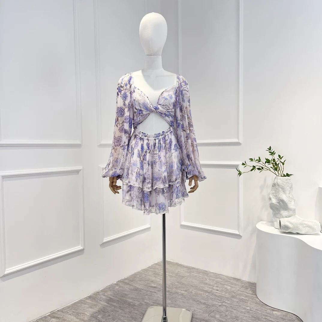 

Purple Floral Print Mini Dress New Arrival Unique Design 2023 Spring Summer Cut Out Waist Belt Tiered Swing One-pieces for Party
