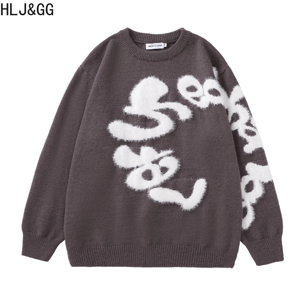 HLJ&GG Autumn Mens Knitted Jumper Sweaters Vintage Letter Jacquard Knitwear Round Neck Tops Harajuku Streetwear Pullovers New